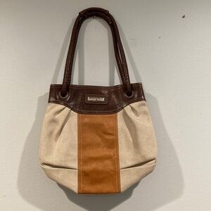 Brighton Tan and Brown Stripe Shoulder Bag with Brown and White Floral Interior